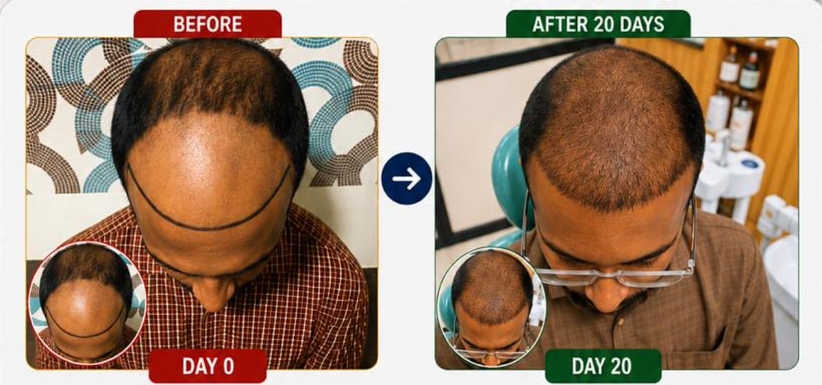 Hair transplant before and after 20 days result from Dr. Sak Uroof profile material